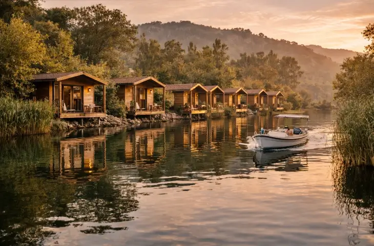 Su kenarında sıralı ahşap bungalov konaklama evleri
